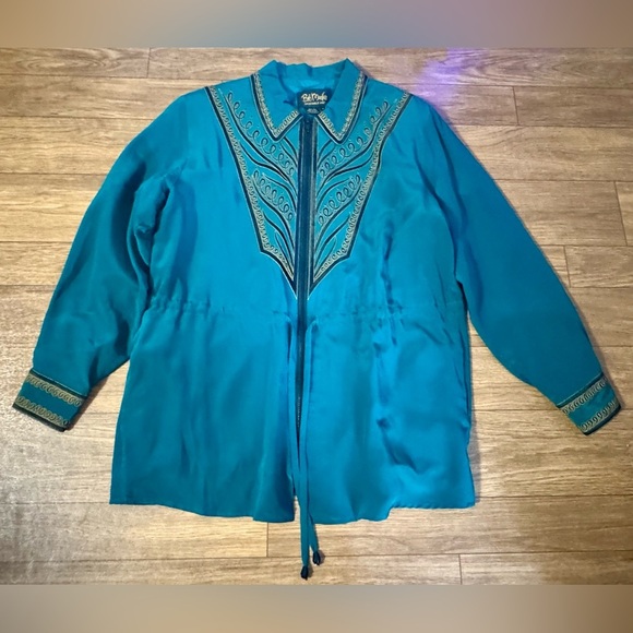 BOB MACKIE 🌟 Wearable Art 100% Silk Vintage wind breaker, emerald green, teal M - Picture 3 of 9